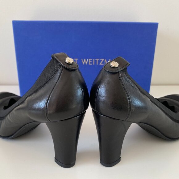 Stuart Weitzman | Black Elastic trim Block Heels Round Toe Leather Pump - Picture 4 of 13
